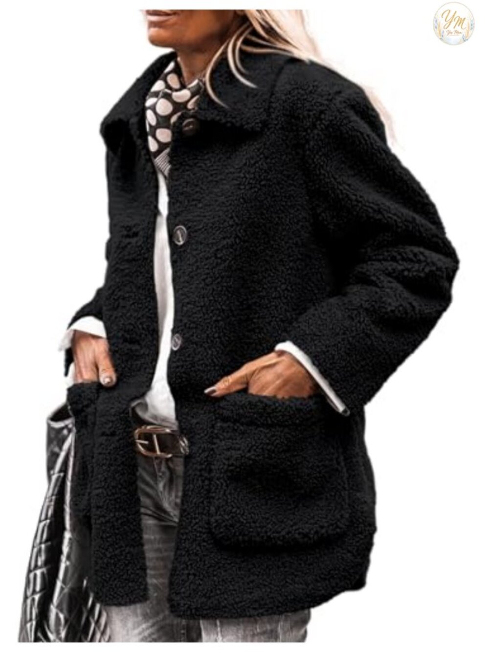 Fleece Sherpa Faux Fur Button Down Winter Coat with Pockets